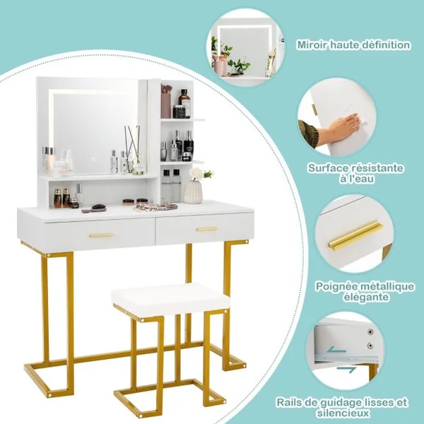 Coiffeuse avec Miroir Lumineux et Tabouret Cadre en Acier avec 2 Tiroirs 3 Étagères pour Chambre Vestiaire 100 x 45 x 137 cm