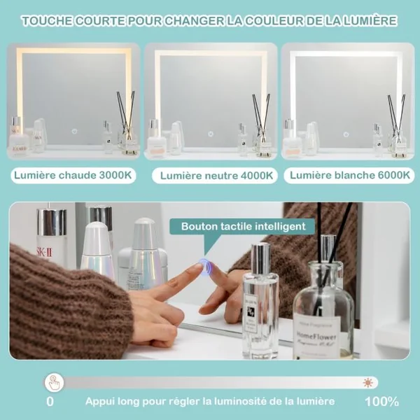 Coiffeuse avec Miroir Lumineux et Tabouret Cadre en Acier avec 2 Tiroirs 3 Étagères pour Chambre Vestiaire 100 x 45 x 137 cm