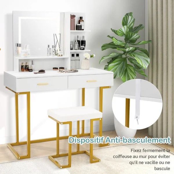 Coiffeuse avec Miroir Lumineux et Tabouret Cadre en Acier avec 2 Tiroirs 3 Étagères pour Chambre Vestiaire 100 x 45 x 137 cm