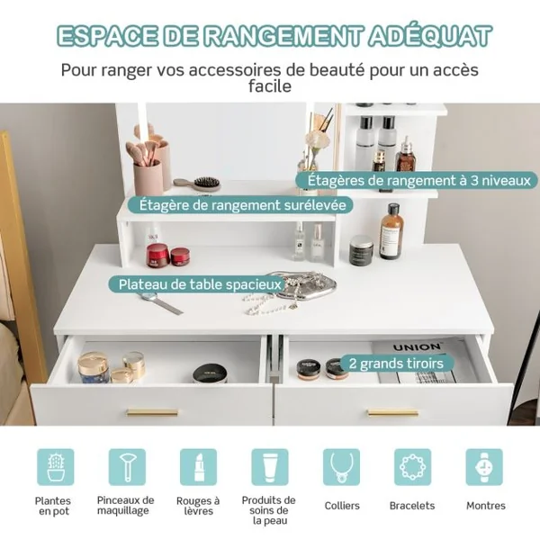Coiffeuse avec Miroir Lumineux et Tabouret Cadre en Acier avec 2 Tiroirs 3 Étagères pour Chambre Vestiaire 100 x 45 x 137 cm