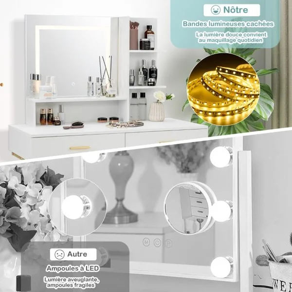 Coiffeuse avec Miroir Lumineux et Tabouret Cadre en Acier avec 2 Tiroirs 3 Étagères pour Chambre Vestiaire 100 x 45 x 137 cm