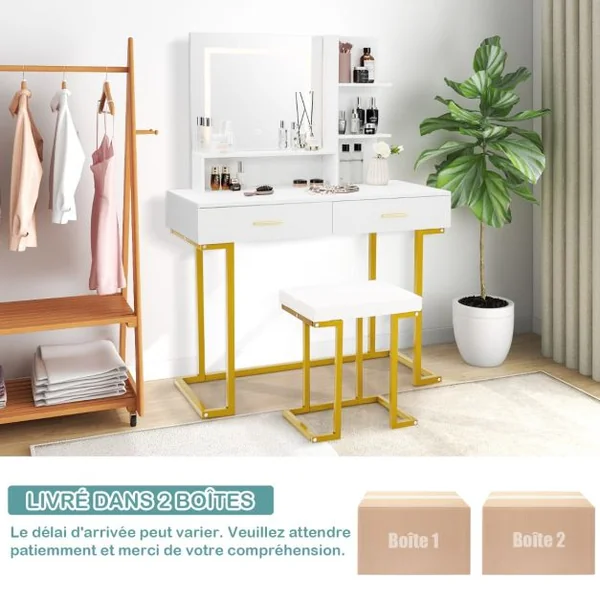 Coiffeuse avec Miroir Lumineux et Tabouret Cadre en Acier avec 2 Tiroirs 3 Étagères pour Chambre Vestiaire 100 x 45 x 137 cm