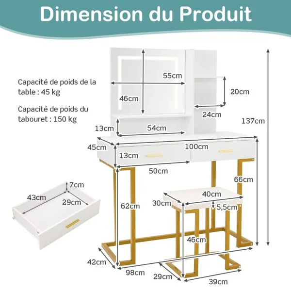 Coiffeuse avec Miroir Lumineux et Tabouret Cadre en Acier avec 2 Tiroirs 3 Étagères pour Chambre Vestiaire 100 x 45 x 137 cm