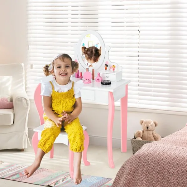 Coiffeuse avec Tabouret pour Enfants de Style Princesse avec Miroir Pivotant à 360° Amovible et 3 Tiroirs Blanc/Rose et Blanc