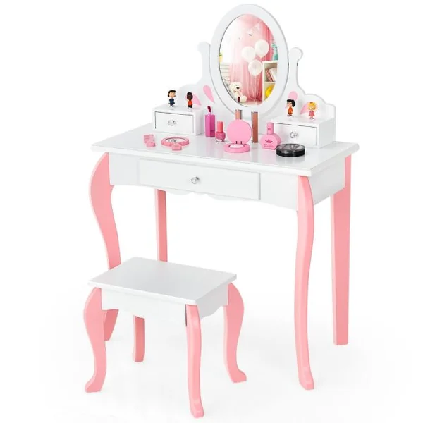 Coiffeuse avec Tabouret pour Enfants de Style Princesse avec Miroir Pivotant à 360° Amovible et 3 Tiroirs Blanc/Rose et Blanc