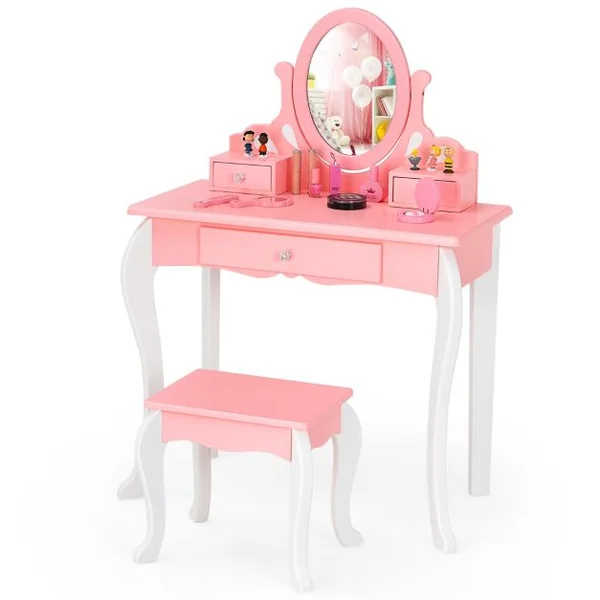 Coiffeuse avec Tabouret pour Enfants de Style Princesse avec Miroir Pivotant à 360° Amovible et 3 Tiroirs Blanc/Rose et Blanc