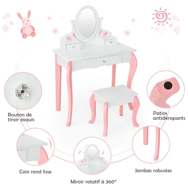 Coiffeuse avec Tabouret pour Enfants de Style Princesse avec Miroir Pivotant à 360° Amovible et 3 Tiroirs Blanc/Rose et Blanc