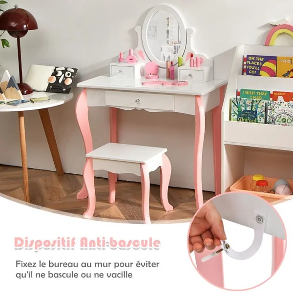 Coiffeuse avec Tabouret pour Enfants de Style Princesse avec Miroir Pivotant à 360° Amovible et 3 Tiroirs Blanc/Rose et Blanc