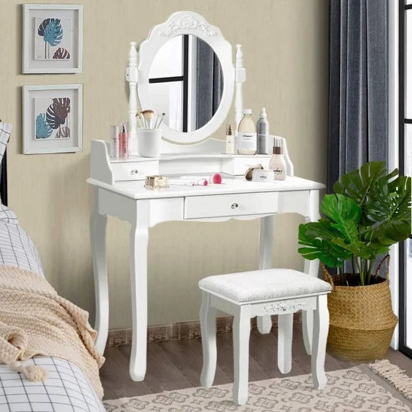 Coiffeuse avec Tabouret Rembourré Table de Maquillage de Style Vintage avec Miroir Ovale Pivotant à 360° 3 Tiroirs et Dessus Amovible Blanc