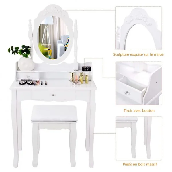 Coiffeuse avec Tabouret Rembourré Table de Maquillage de Style Vintage avec Miroir Ovale Pivotant à 360° 3 Tiroirs et Dessus Amovible Blanc