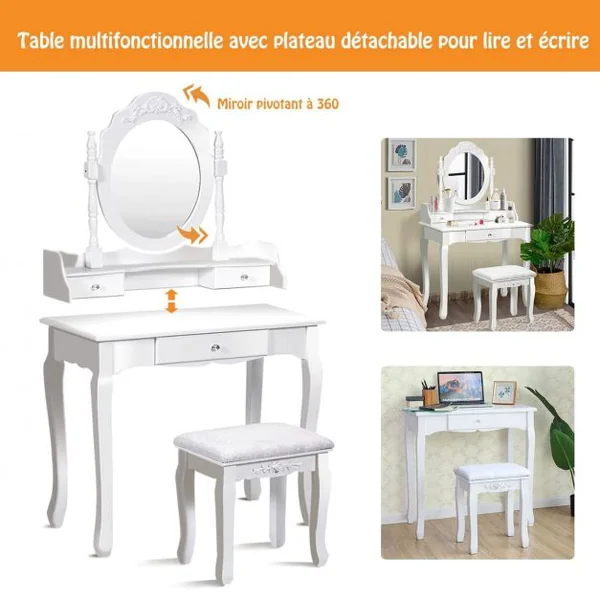 Coiffeuse avec Tabouret Rembourré Table de Maquillage de Style Vintage avec Miroir Ovale Pivotant à 360° 3 Tiroirs et Dessus Amovible Blanc