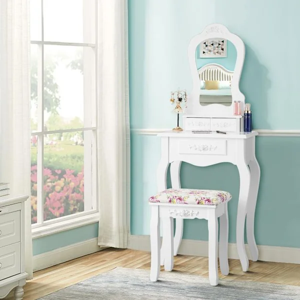 Coiffeuse avec Tabouret Table de Maquillage avec 3 Tiroirs et Dessus Amovible Blanc