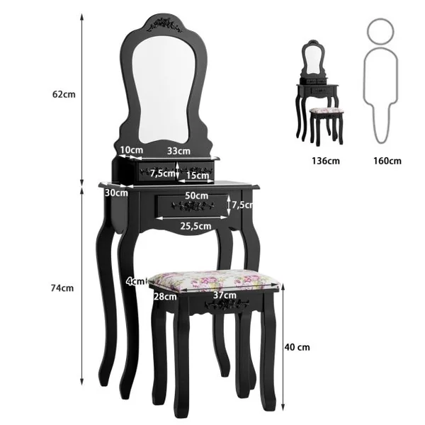 Coiffeuse avec Tabouret Table de Maquillage avec 3 Tiroirs et Dessus Amovible Blanc