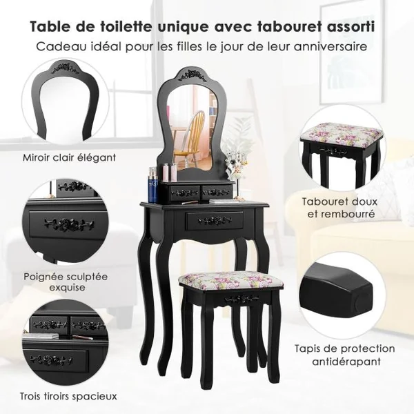Coiffeuse avec Tabouret Table de Maquillage avec 3 Tiroirs et Dessus Amovible Blanc
