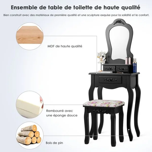 Coiffeuse avec Tabouret Table de Maquillage avec 3 Tiroirs et Dessus Amovible Blanc