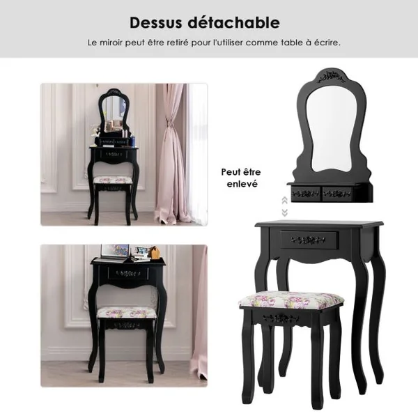 Coiffeuse avec Tabouret Table de Maquillage avec 3 Tiroirs et Dessus Amovible Blanc