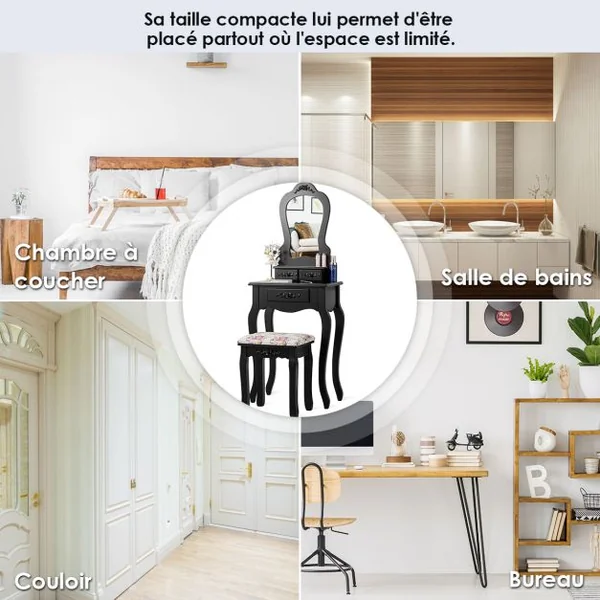 Coiffeuse avec Tabouret Table de Maquillage avec 3 Tiroirs et Dessus Amovible Blanc