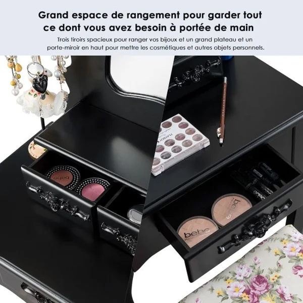 Coiffeuse avec Tabouret Table de Maquillage avec 3 Tiroirs et Dessus Amovible Blanc