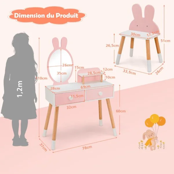 Coiffeuse Enfant avec Chaise et Miroir en Forme Lapin Table de Maquillage 2 Tiroirs et Étagère en Bois Blanc/Rose