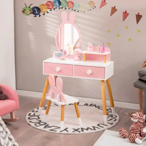 Coiffeuse Enfant avec Chaise et Miroir en Forme Lapin Table de Maquillage 2 Tiroirs et Étagère en Bois Blanc/Rose