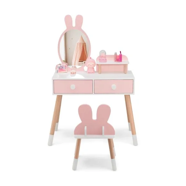 Coiffeuse Enfant avec Chaise et Miroir en Forme Lapin Table de Maquillage 2 Tiroirs et Étagère en Bois Blanc/Rose