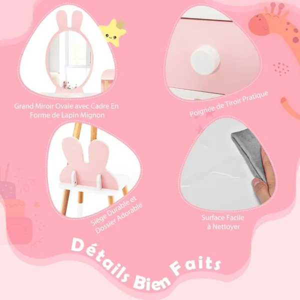 Coiffeuse Enfant avec Chaise et Miroir en Forme Lapin Table de Maquillage 2 Tiroirs et Étagère en Bois Blanc/Rose
