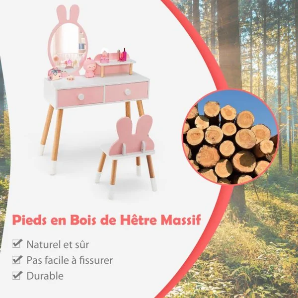 Coiffeuse Enfant avec Chaise et Miroir en Forme Lapin Table de Maquillage 2 Tiroirs et Étagère en Bois Blanc/Rose