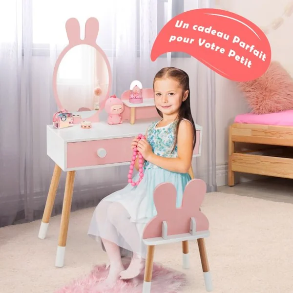 Coiffeuse Enfant avec Chaise et Miroir en Forme Lapin Table de Maquillage 2 Tiroirs et Étagère en Bois Blanc/Rose