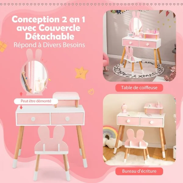Coiffeuse Enfant avec Chaise et Miroir en Forme Lapin Table de Maquillage 2 Tiroirs et Étagère en Bois Blanc/Rose