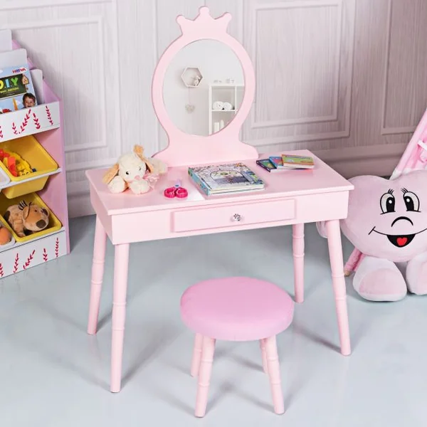 Coiffeuse Enfant avec Tiroir et tabouret Table de Maquillage de Filles Style Princesse Européenne Rose/Blanc