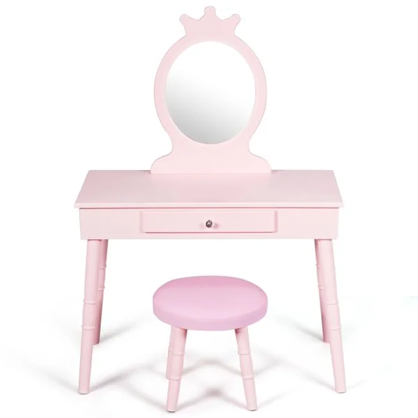 Coiffeuse Enfant avec Tiroir et tabouret Table de Maquillage de Filles Style Princesse Européenne Rose/Blanc