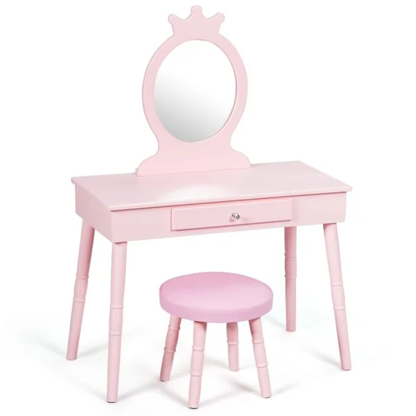 Coiffeuse Enfant avec Tiroir et tabouret Table de Maquillage de Filles Style Princesse Européenne Rose/Blanc