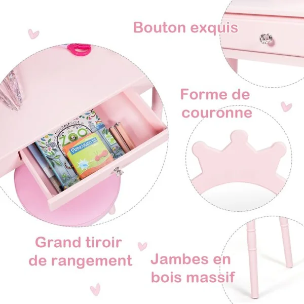 Coiffeuse Enfant avec Tiroir et tabouret Table de Maquillage de Filles Style Princesse Européenne Rose/Blanc