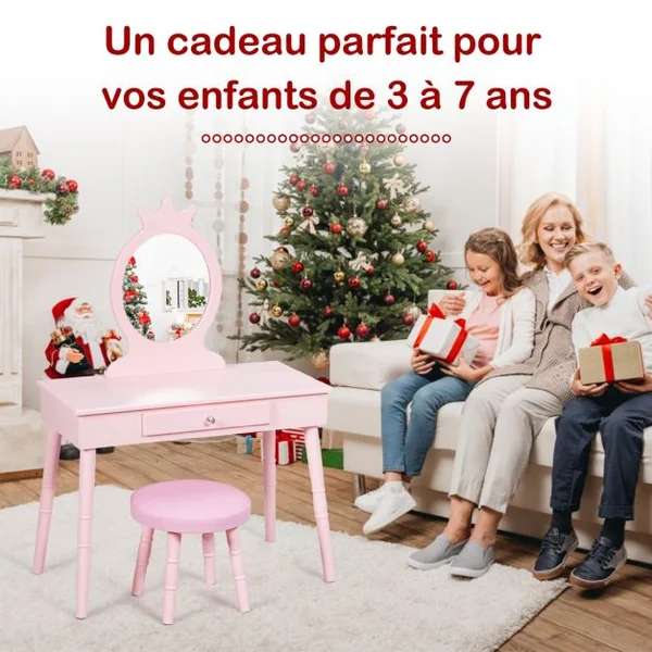 Coiffeuse Enfant avec Tiroir et tabouret Table de Maquillage de Filles Style Princesse Européenne Rose/Blanc
