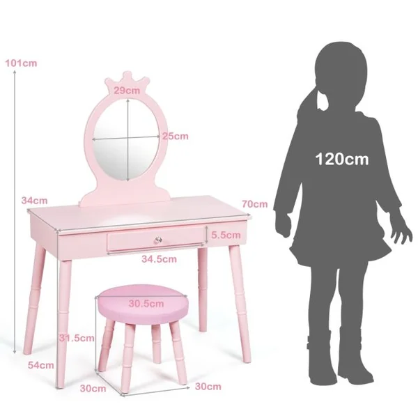 Coiffeuse Enfant avec Tiroir et tabouret Table de Maquillage de Filles Style Princesse Européenne Rose/Blanc