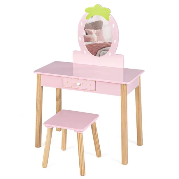Coiffeuse Enfant Miroir Amovible avec Tabouret Peigne et Tiroir en Bois d'Eucalyptus et MDF Rose pour Fille