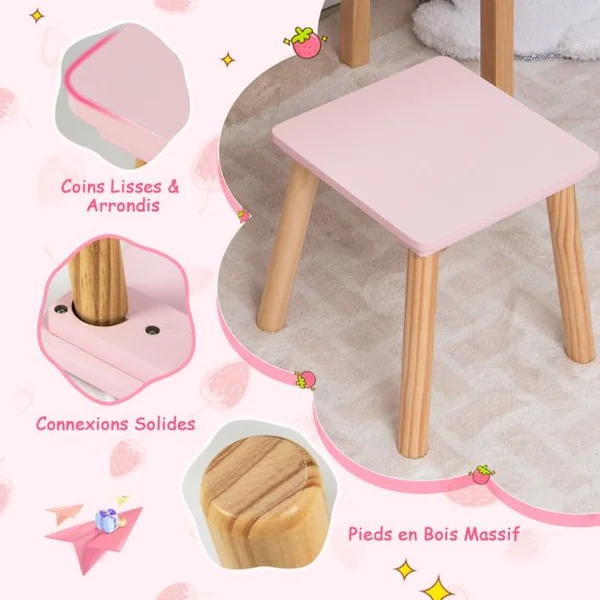 Coiffeuse Enfant Miroir Amovible avec Tabouret Peigne et Tiroir en Bois d'Eucalyptus et MDF Rose pour Fille