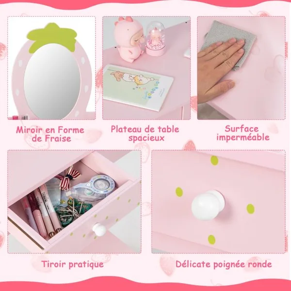 Coiffeuse Enfant Miroir Amovible avec Tabouret Peigne et Tiroir en Bois d'Eucalyptus et MDF Rose pour Fille