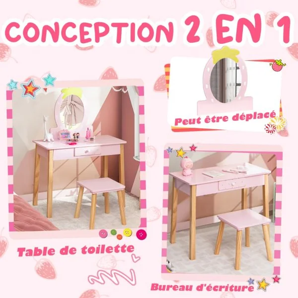 Coiffeuse Enfant Miroir Amovible avec Tabouret Peigne et Tiroir en Bois d'Eucalyptus et MDF Rose pour Fille