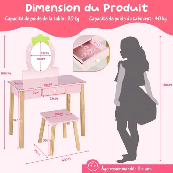 Coiffeuse Enfant Miroir Amovible avec Tabouret Peigne et Tiroir en Bois d'Eucalyptus et MDF Rose pour Fille