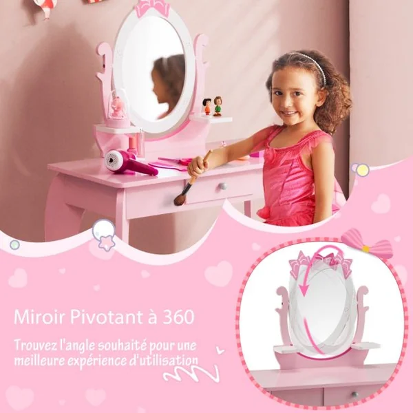 Coiffeuse Enfant Miroir Rotatif à 360° Tabouret 1 Tiroir et 2 Etagères de Rangement Rose pour Fille 3 7 ans