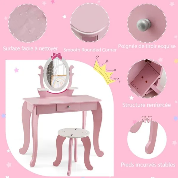 Coiffeuse Enfant Miroir Rotatif à 360° Tabouret 1 Tiroir et 2 Etagères de Rangement Rose pour Fille 3 7 ans