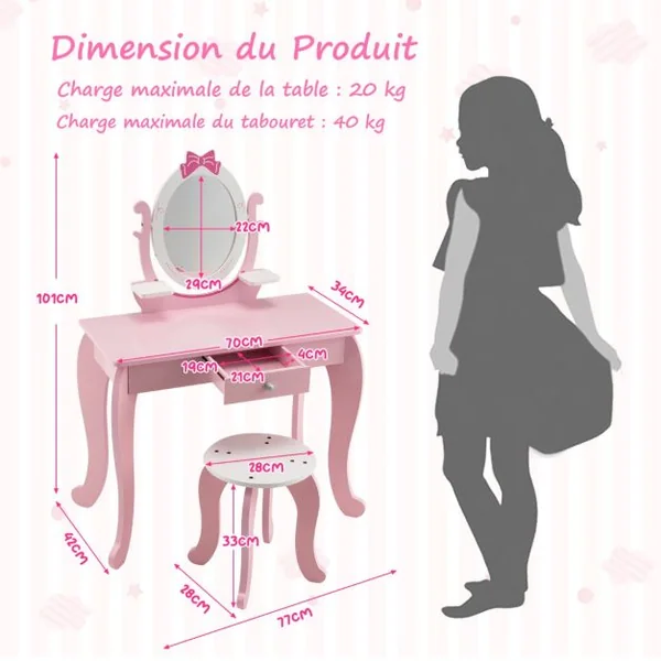Coiffeuse Enfant Miroir Rotatif à 360° Tabouret 1 Tiroir et 2 Etagères de Rangement Rose pour Fille 3 7 ans