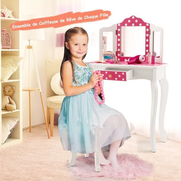 Coiffeuse Enfants avec Miroir Amovible à 3 Volets & Tabouret Table de Maquillage avec Tiroir & Dispositif Anti Basculement Bleu/Rose