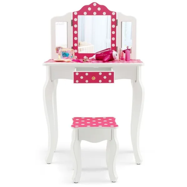 Coiffeuse Enfants avec Miroir Amovible à 3 Volets & Tabouret Table de Maquillage avec Tiroir & Dispositif Anti Basculement Bleu/Rose