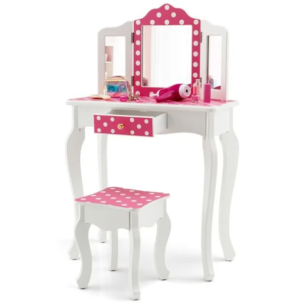 Coiffeuse Enfants avec Miroir Amovible à 3 Volets & Tabouret Table de Maquillage avec Tiroir & Dispositif Anti Basculement Bleu/Rose