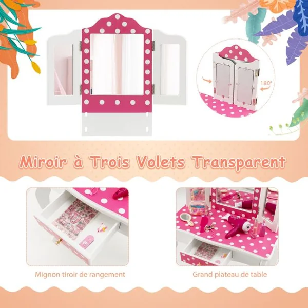 Coiffeuse Enfants avec Miroir Amovible à 3 Volets & Tabouret Table de Maquillage avec Tiroir & Dispositif Anti Basculement Bleu/Rose