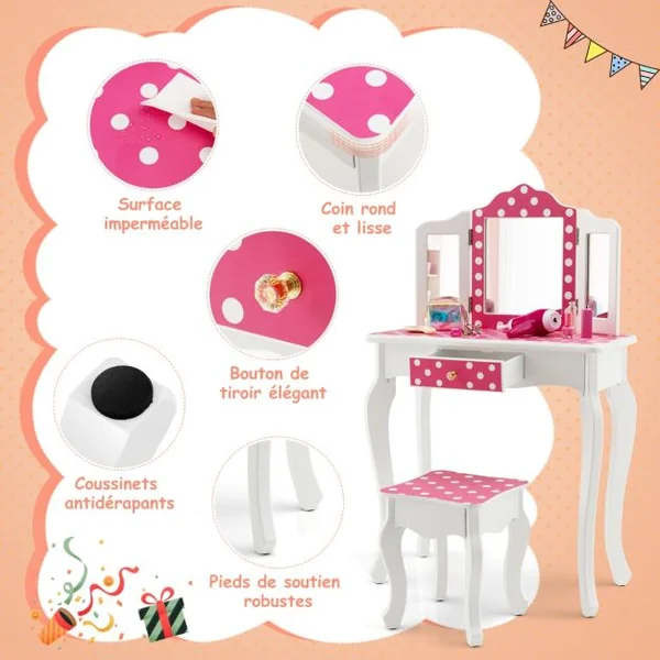 Coiffeuse Enfants avec Miroir Amovible à 3 Volets & Tabouret Table de Maquillage avec Tiroir & Dispositif Anti Basculement Bleu/Rose