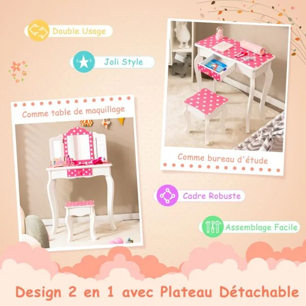 Coiffeuse Enfants avec Miroir Amovible à 3 Volets & Tabouret Table de Maquillage avec Tiroir & Dispositif Anti Basculement Bleu/Rose