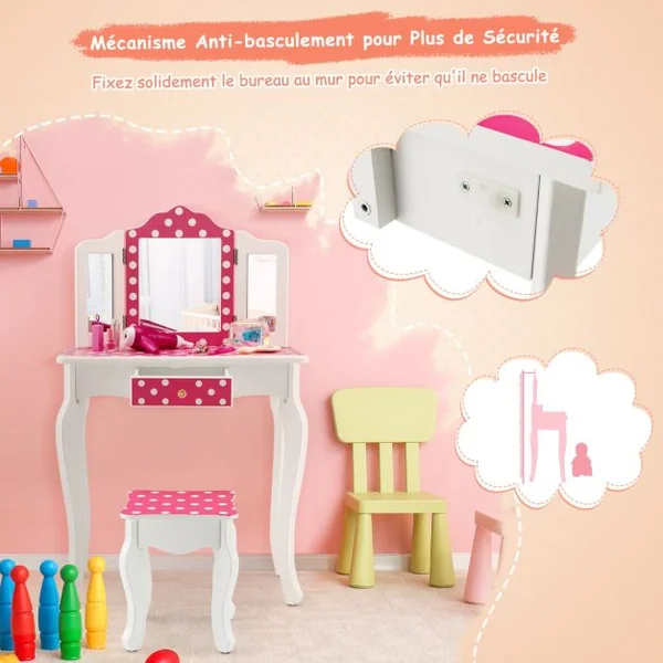 Coiffeuse Enfants avec Miroir Amovible à 3 Volets & Tabouret Table de Maquillage avec Tiroir & Dispositif Anti Basculement Bleu/Rose